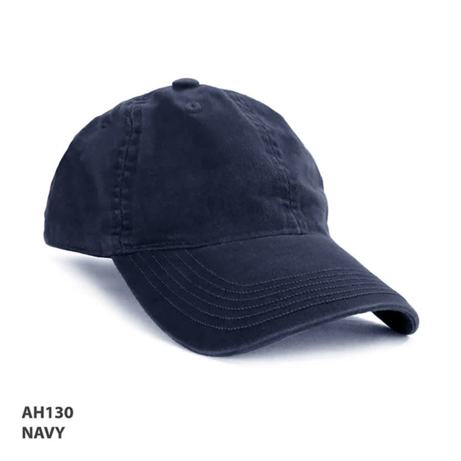 A navy enzyme washed cap with a curved brim and a logo.