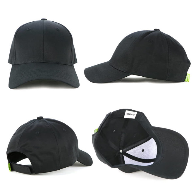 A black organic cotton cap featuring a curved peak and adjustable strap, displaying a logo on the back.