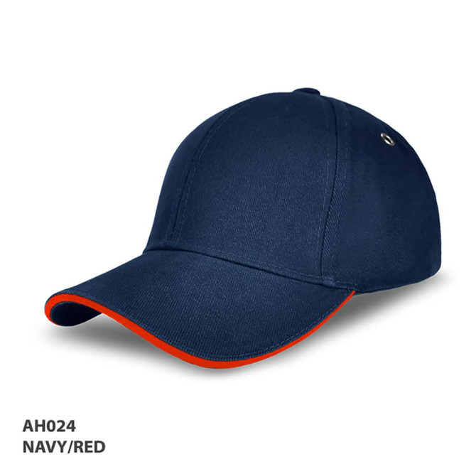 A navy and red sandwich peak cap with a logo. The cap features a curved brim and a structured design.