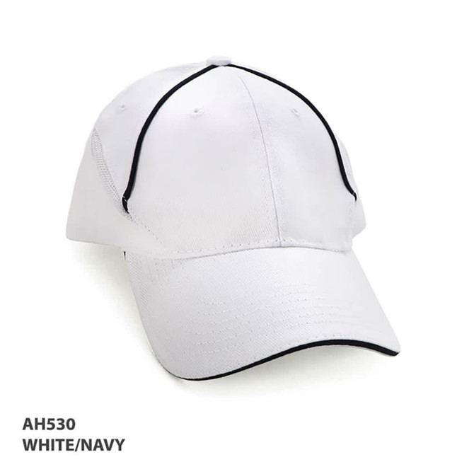 A white and navy cap featuring a structured design and a logo on the front.