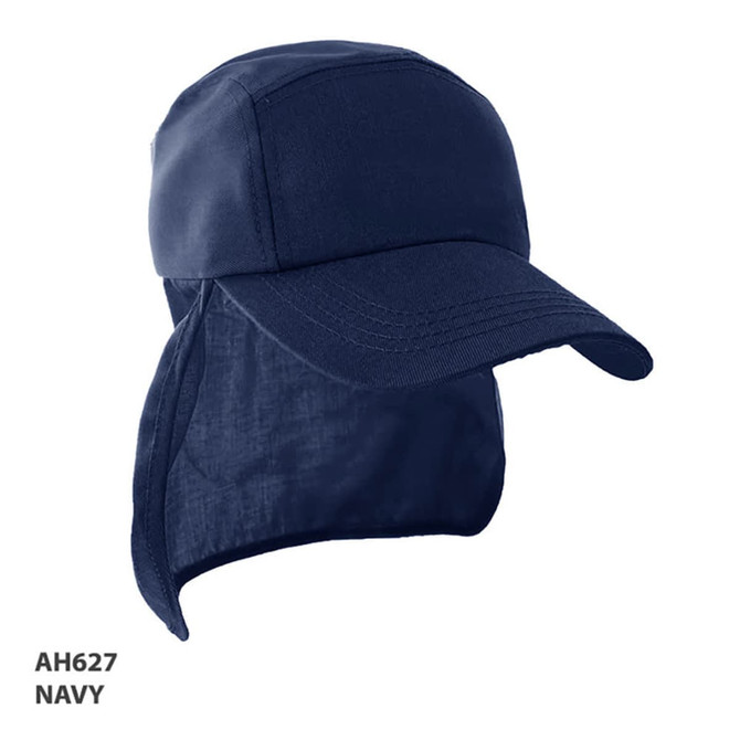 A navy Legionnaire cap featuring a front peak and a neck flap, with a logo on the side.