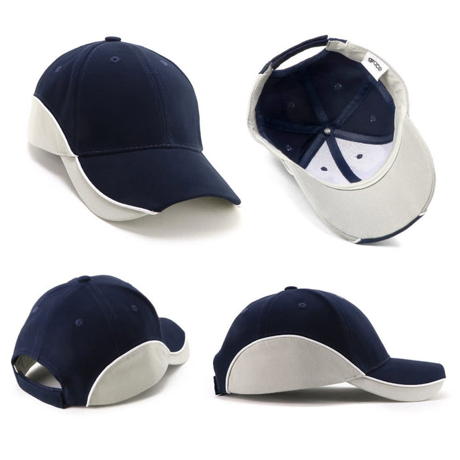 A navy and light grey cap with a logo, featuring a curved brim and a classic design.