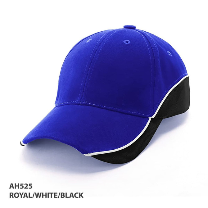 A blue cap with black and white accents, featuring a logo.