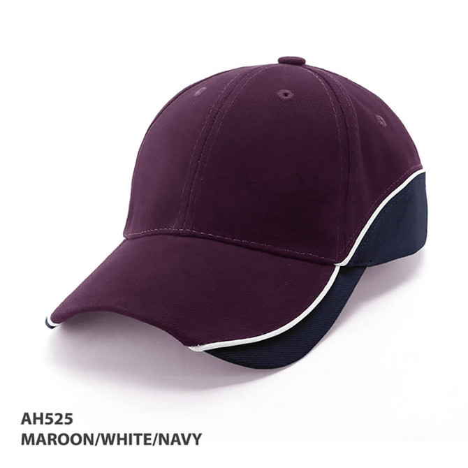 A maroon cap with white and navy accents, featuring a logo on the side.