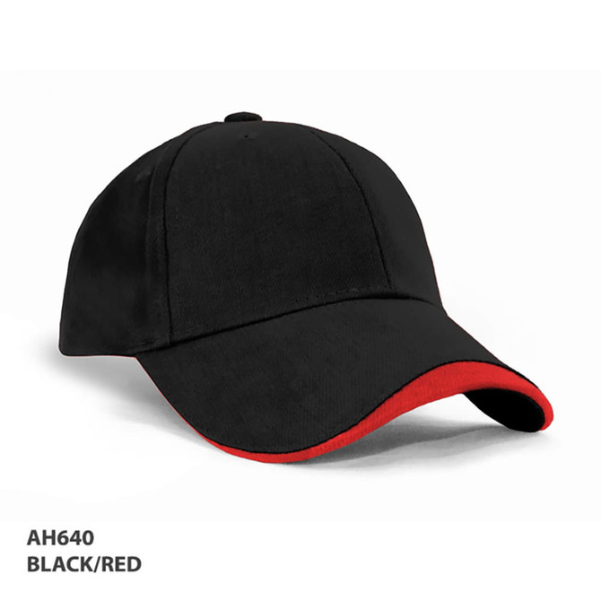 A black cap with a red sandwich brim, featuring a logo on the front.