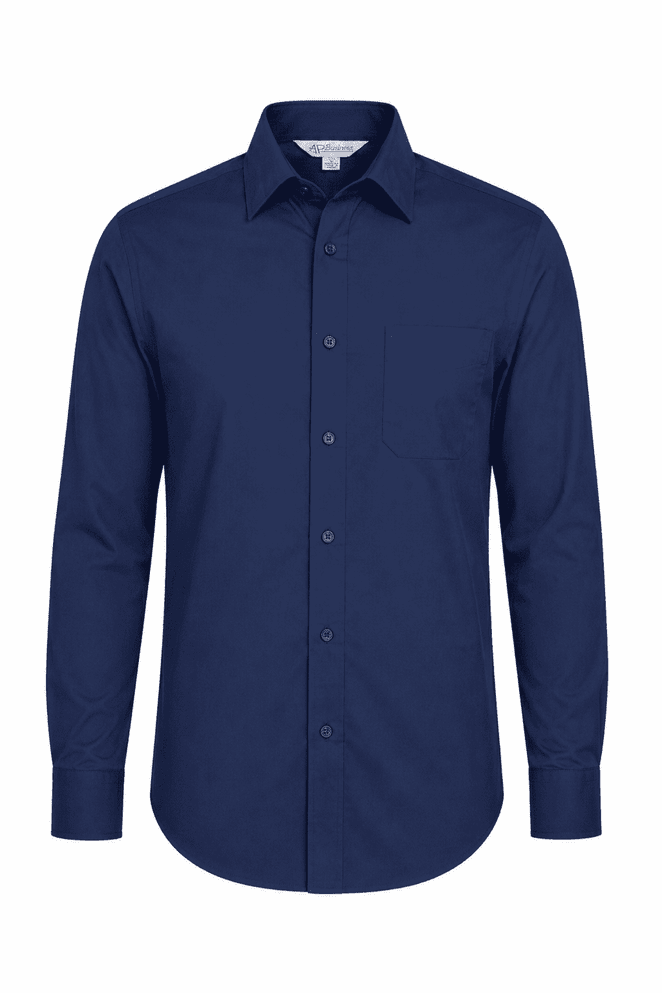 A navy blue long sleeve button-up shirt with a single chest pocket and a logo.