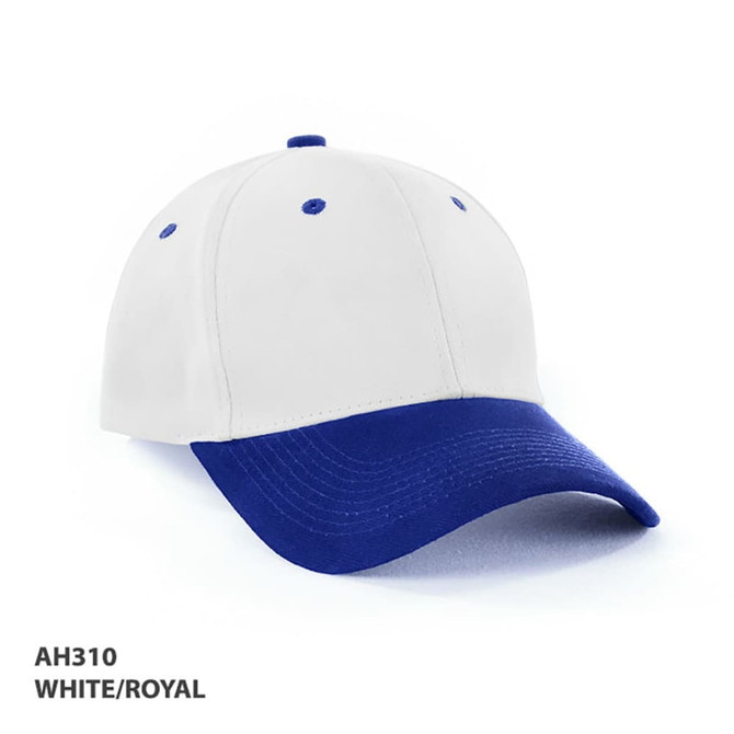 A two-tone cap featuring a white crown and a royal blue peak, with a logo on the front.