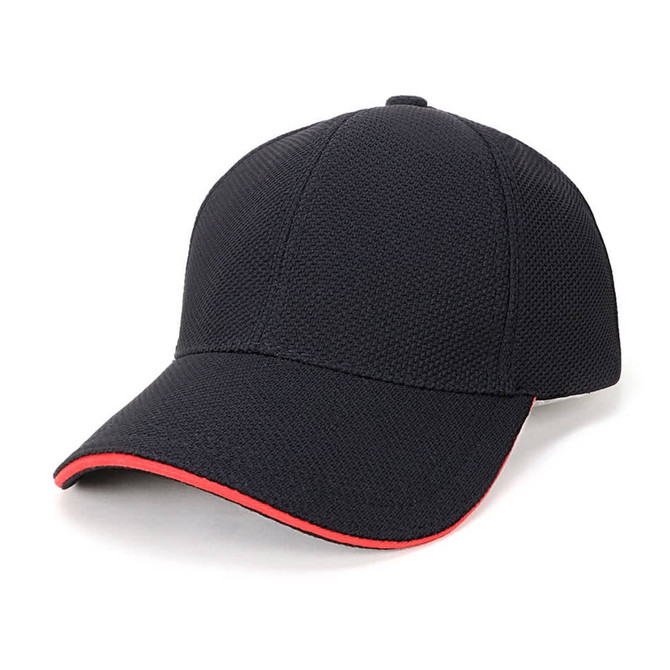 A black mesh design cap with a red trim and a logo on the front.