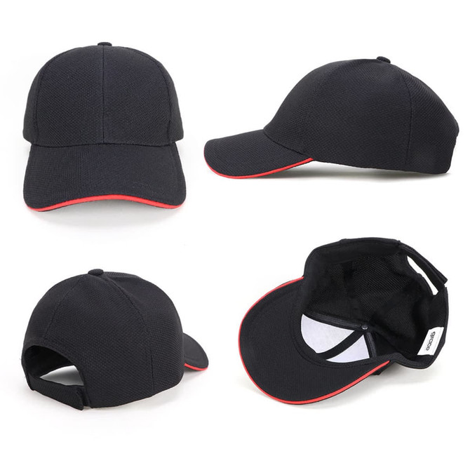 A black cap with a mesh design and red accents, featuring a logo and various angles displayed.