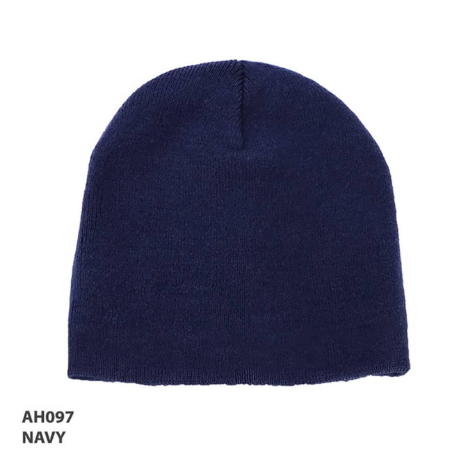 Acrylic two-tone beanie in navy colour, featuring a simple design and a logo. Ideal for headwear collection.
