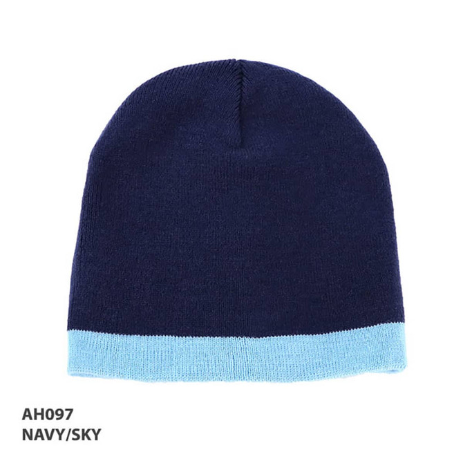 Acrylic two-tone beanie in navy blue with a light sky blue brim, featuring a logo.