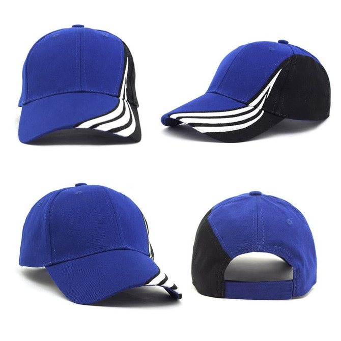 A blue cap with black panels and white stripes, featuring a branded logo on the side.