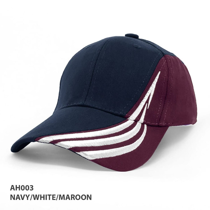 A navy, white, and maroon cap featuring a logo and stylised design on the side.