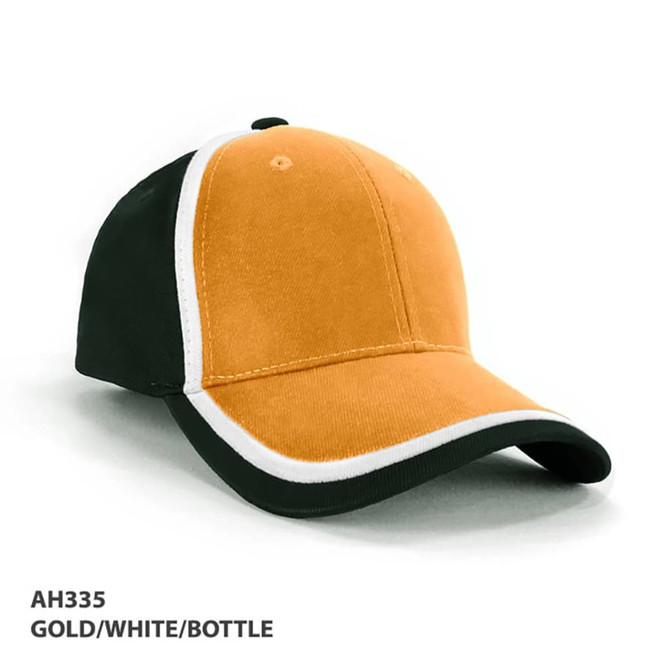 A cap with a gold front, black and white trim, featuring a logo.