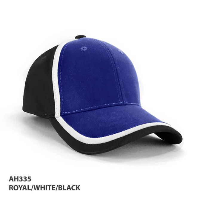 A cap featuring a royal blue front with black side panels and white trim, displaying a brand logo.