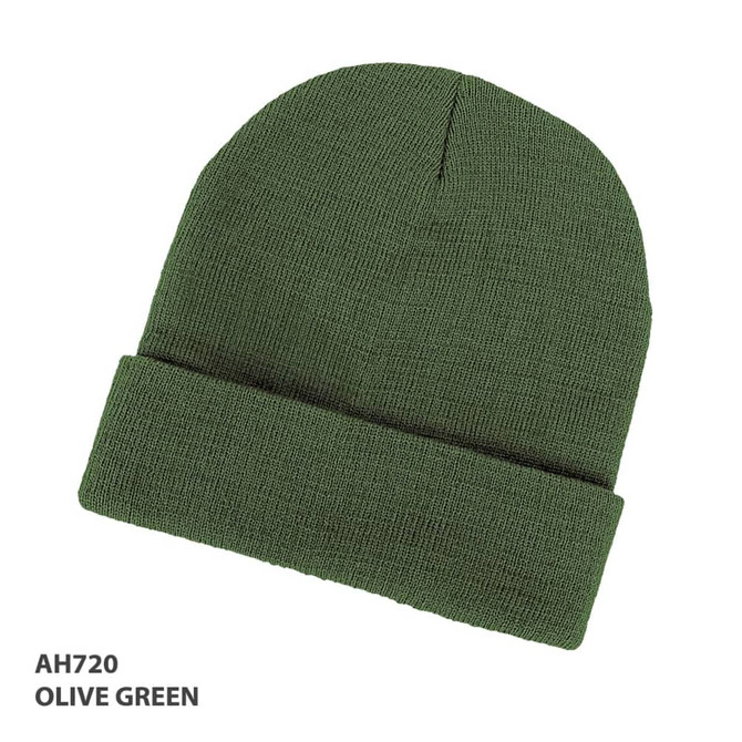 Olive green acrylic beanie with a fold-over cuff and textured fabric. Includes a logo.