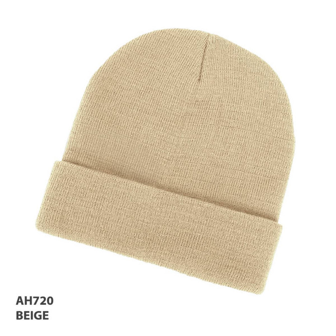 Acrylic beanie in beige with a folded cuff and a logo. Suitable for headwear.