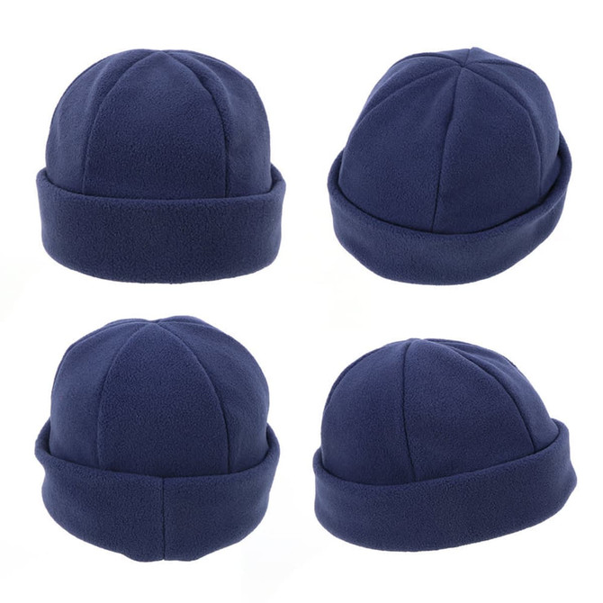 A polar fleece beanie in navy blue, displayed from multiple angles, featuring a simple design and a logo.