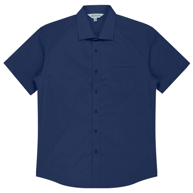 A short sleeve button-up shirt in navy blue with a chest pocket and a collar. Features a logo on the tag.