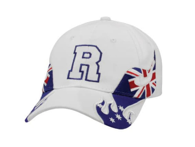 A white cap featuring an embroidered "R" and design elements in blue, red, and Australian flag motifs.
