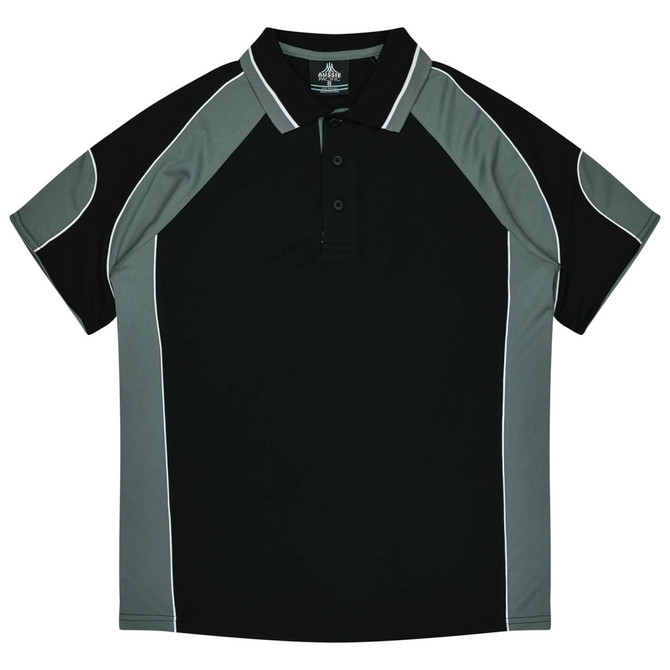 A black and grey polo shirt with contrasting panels and a collar, featuring a logo on the chest area.