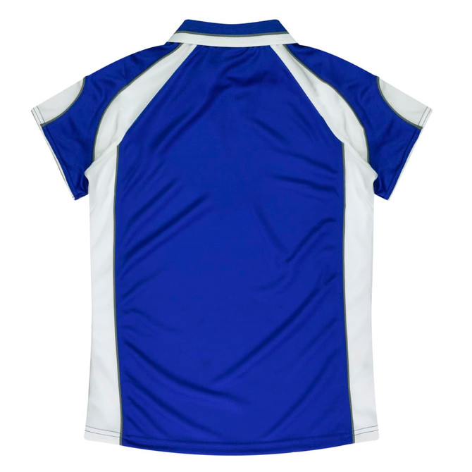 A blue and white polo shirt featuring a logo on the back, designed for women.