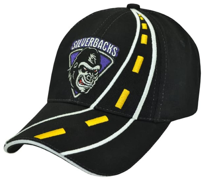 A black cap with a road design and a logo featuring a gorilla, showcasing a vibrant yellow and purple colour scheme.