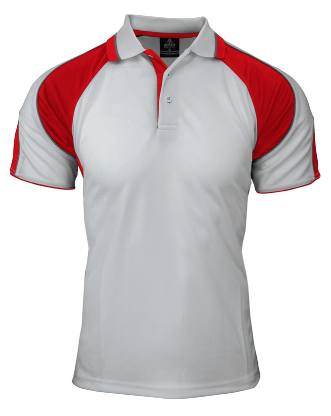 A polo shirt with a white body and red raglan sleeves, featuring a collar and a logo on the chest.
