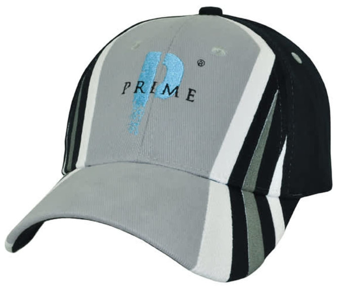 A cap featuring a grey, black, and white design with a logo on the front.