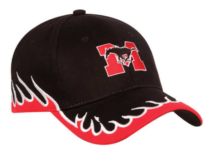 A black cap featuring a logo and flame design in red along the brim.