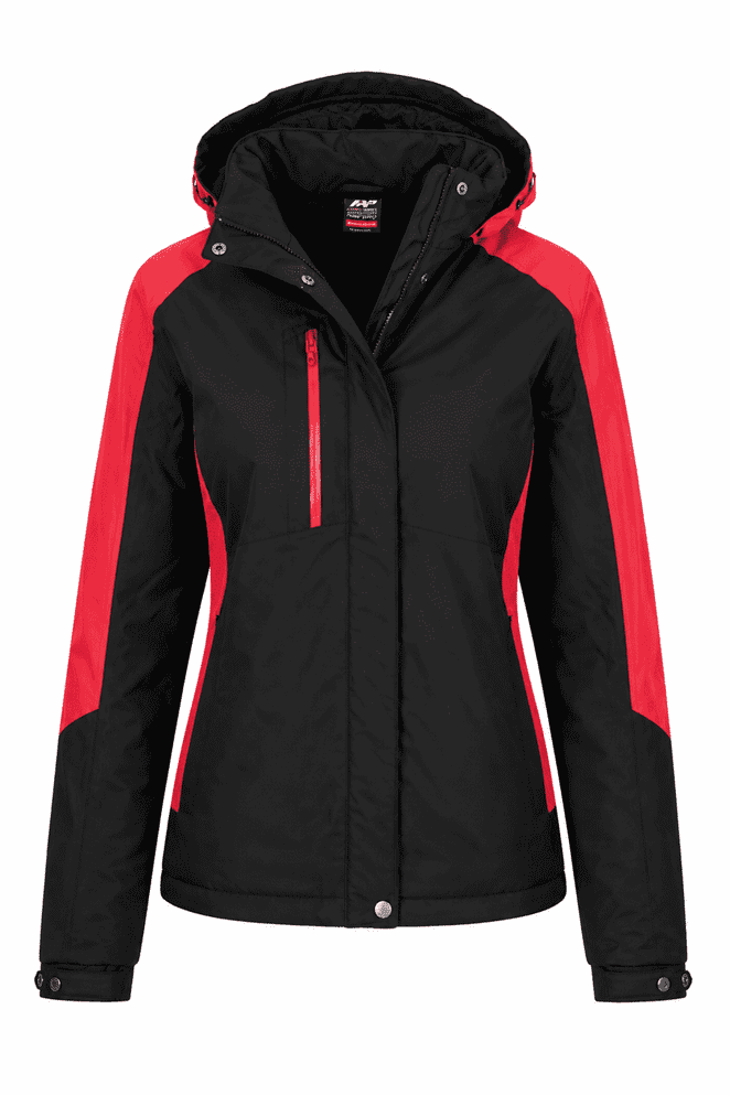 A black and red jacket with a hood, featuring a zippered pocket and a logo.