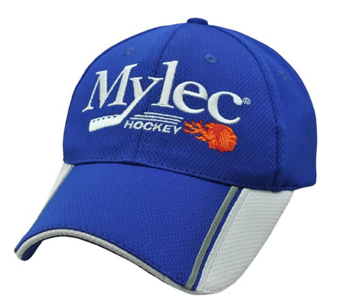 A blue cap with a white mesh underside and a logo on the front. Features include a sporty design and curved brim.