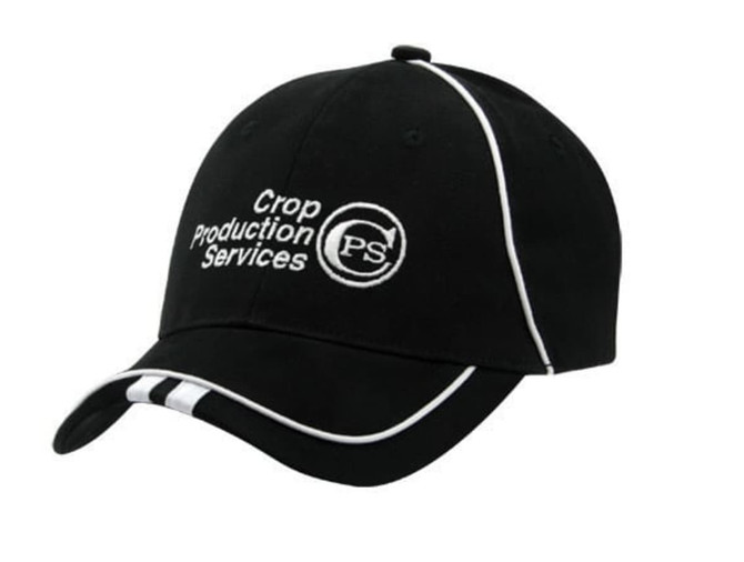A black cap with white piping and an embroidered logo. Suitable for promotional use.