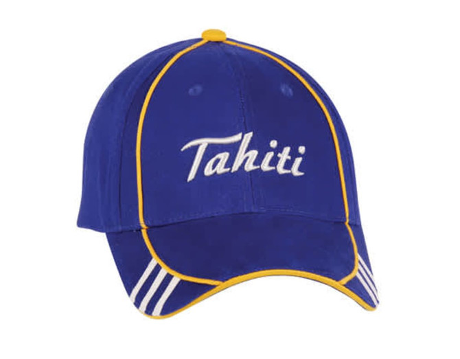 A blue cap with yellow and white detailing, featuring a logo on the front and striped accents on the sides.