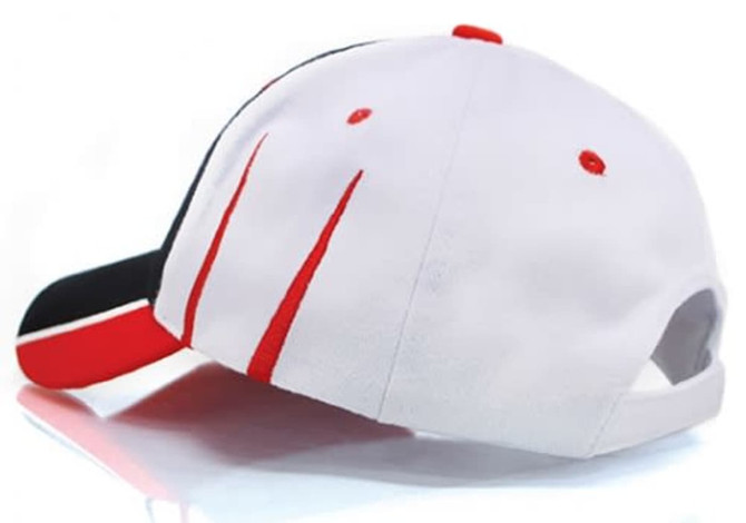 A cap featuring a white base with red and black accents, including a logo on the side.
