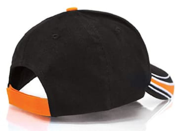 A black cap with an orange accent and a logo on the back, featuring a curved brim and adjustable strap.