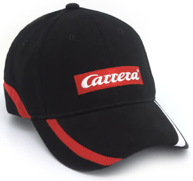 A black cap featuring a red stripe and a logo on the front. Designed for headwear use.