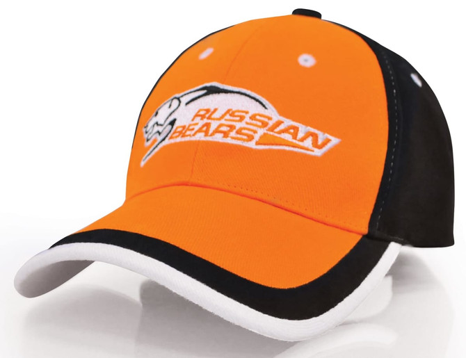 An orange and black cap featuring an embroidered logo. It has a curved brim and contrasting stitching.