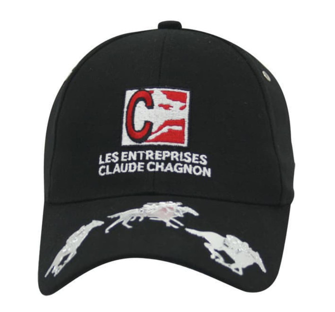 A black cap featuring an embroidered logo and horse graphics on the front.