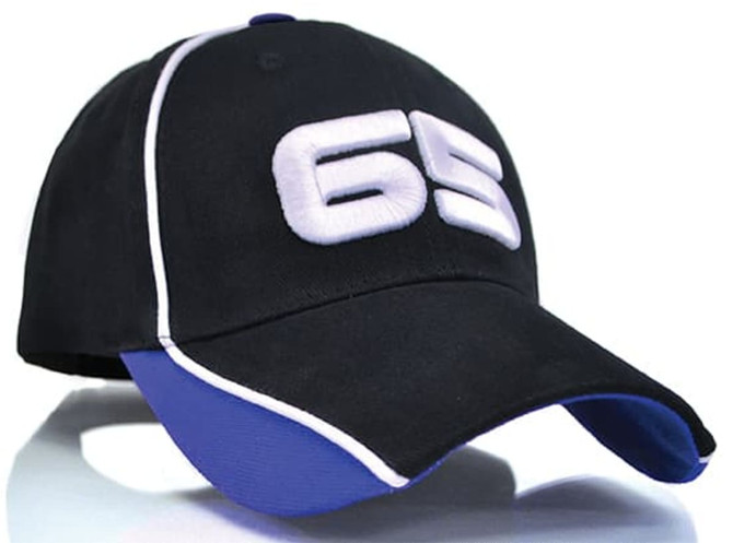 A black and blue cap featuring a large white logo on the front and contrasting stitching.