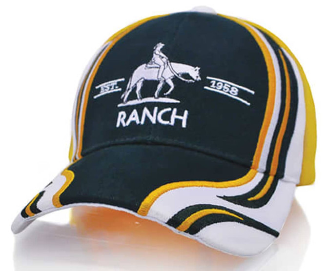 A navy and white cap featuring a logo and decorative stripes in yellow and green.
