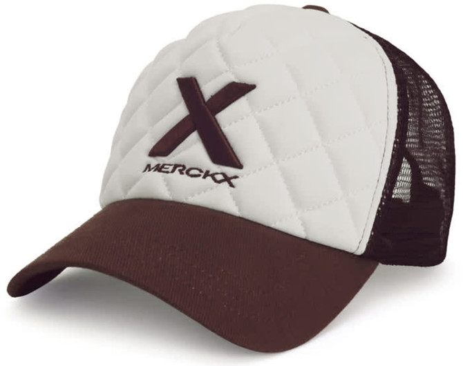 A brown and white cap with a quilted design and mesh sides, featuring a logo on the front.