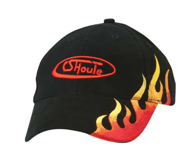 A black cap featuring red flames and a logo on the front. The cap has a curved brim and is made of fabric.
