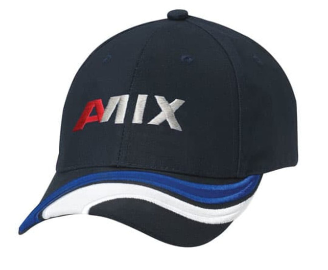 A navy cap featuring a curved brim and a logo in red and silver. The design includes blue and white accents.