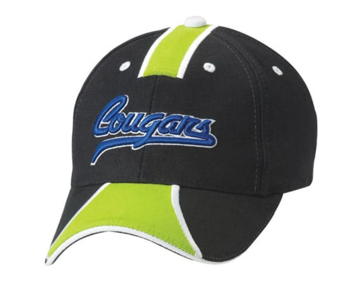 A black cap with green and white accents features a blue logo on the front.