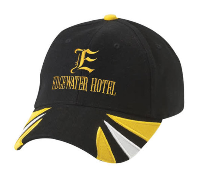 A black cap with yellow and white accents, featuring a logo and text on the front.