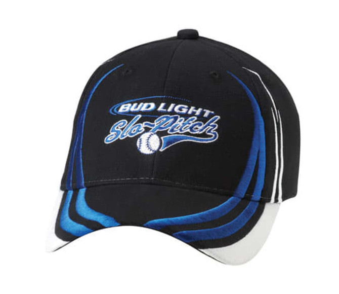 A black cap with blue and white accents, featuring a logo on the front.