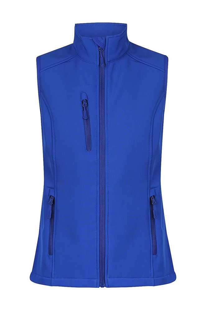 A blue work vest with a high collar and multiple zippered pockets, featuring a logo.