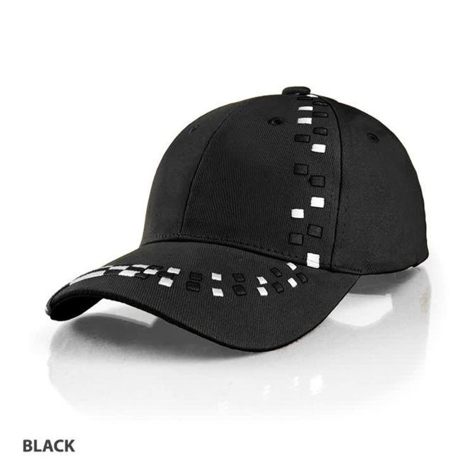 A black cap with decorative white stitching and a logo on the front. Features a curved brim and adjustable strap.