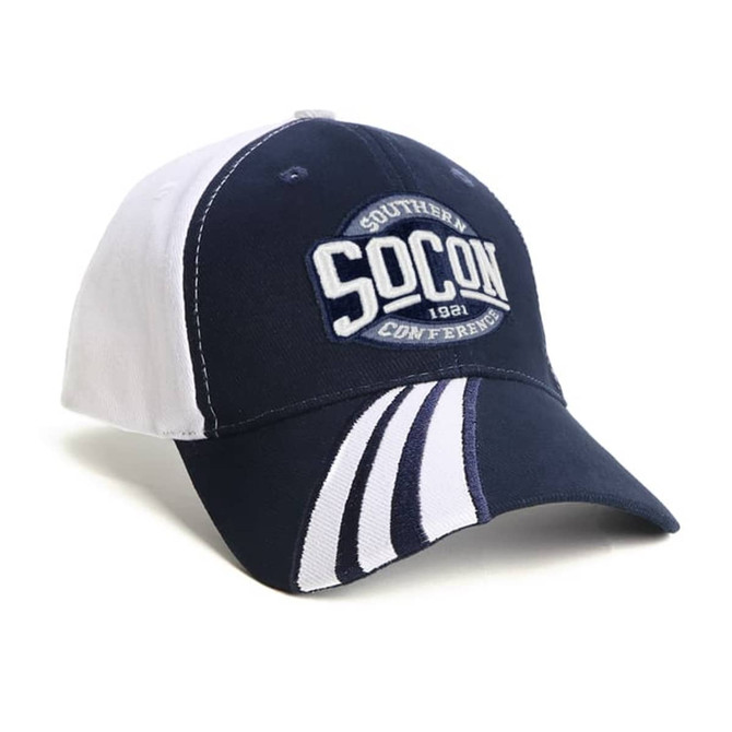 A navy and white cap featuring a logo, with stripes on the brim and a curved peak.